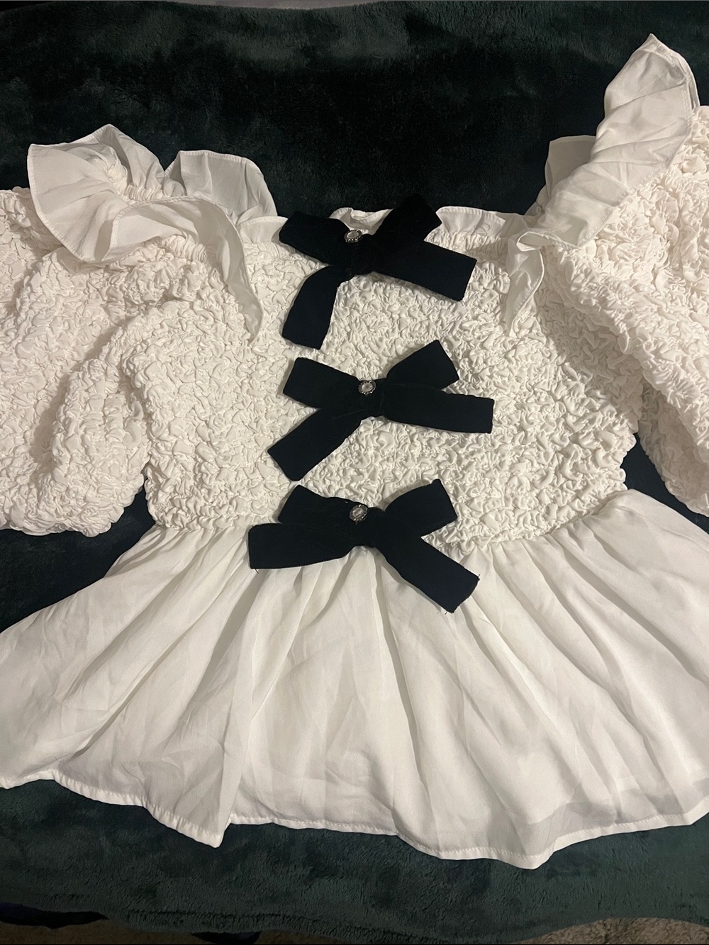 River Island White Textured Top with Black velvet bows